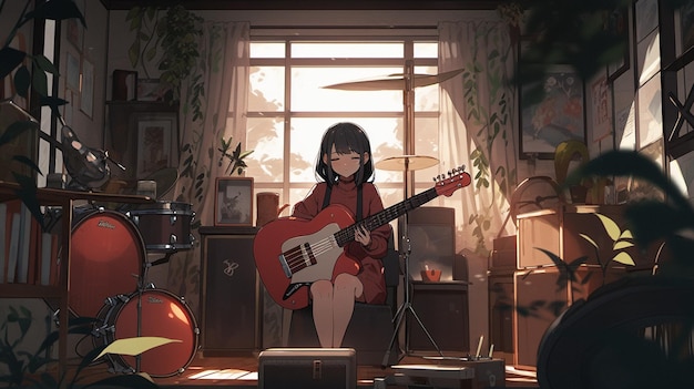 Anime girl with guitar in a room with plants and a window generative ai