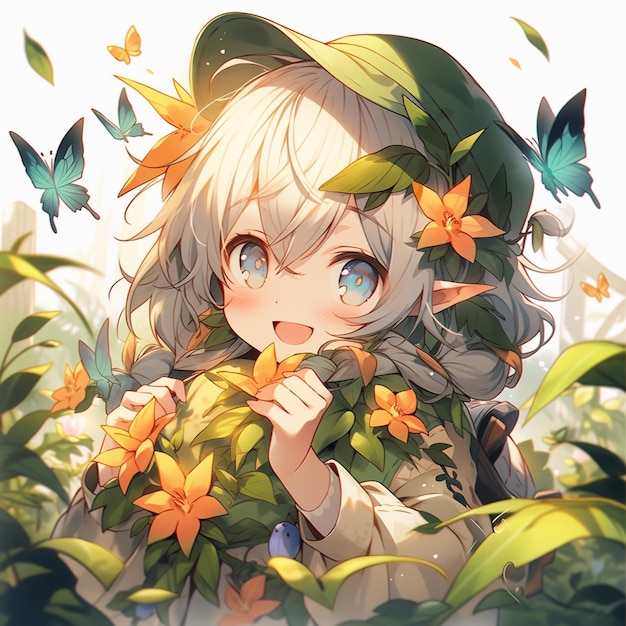 Anime girl with a hat and flowers in her hands generative ai