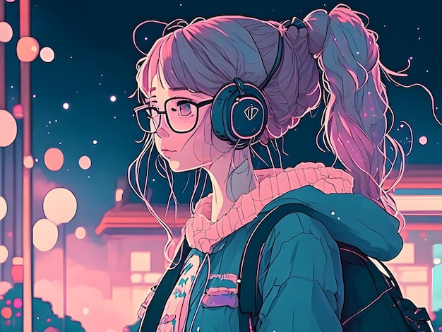 anime girl with headphone lofi illustration