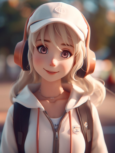 anime girl with headphones and a backpack posing for a picture generative ai