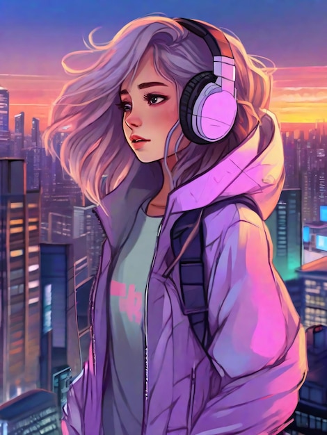 Anime Girl with Headphones and Jacket Finds Tranquility on Rooftop