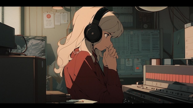 Anime girl with headphones on listening to music in a room generative ai