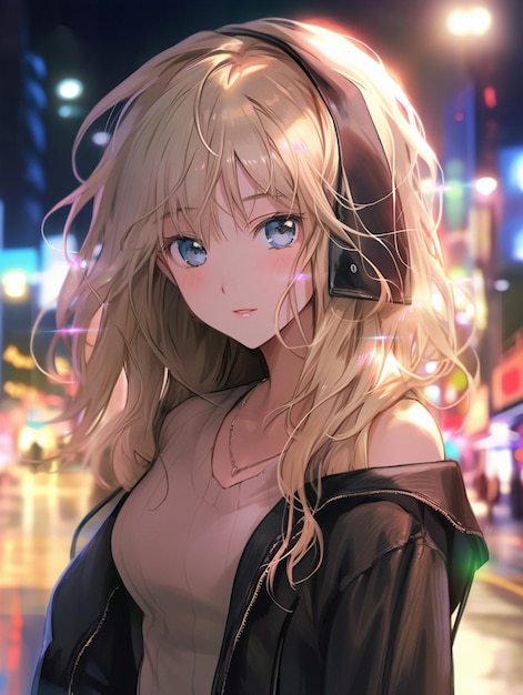 Anime girl with headphones on in the rain at night generative ai