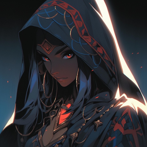 Anime girl with hood and glowing eyes in a dark room generative ai