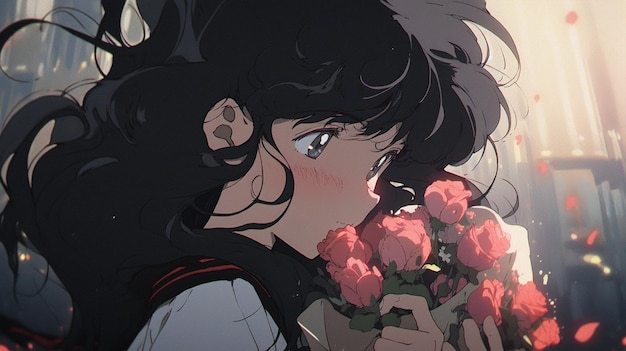 Anime girl with long black hair holding a bunch of flowers generative ai