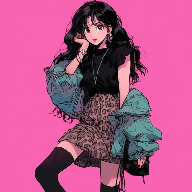 anime girl with long black hair and a leopard print skirt generative ai