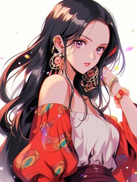 anime girl with long black hair wearing a red kimono generative ai