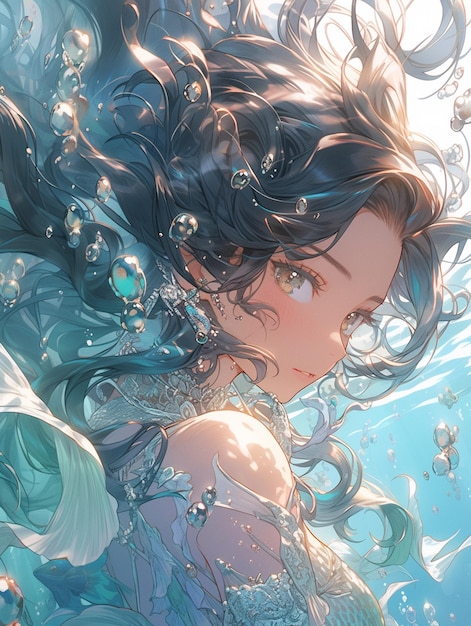 anime girl with long hair and blue dress in water generative ai