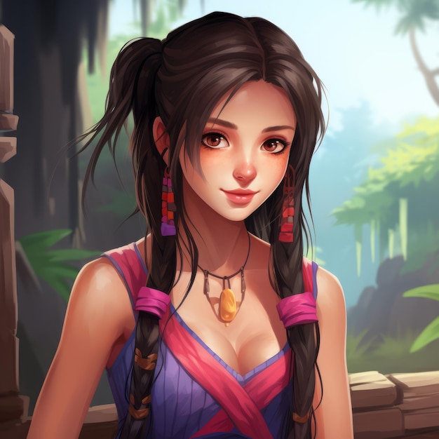 anime girl with long hair and earrings in the jungle