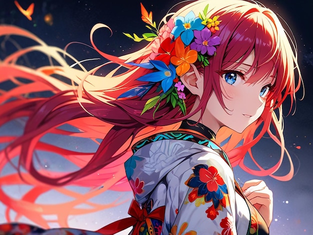 Anime girl with long hair and flower generative ai