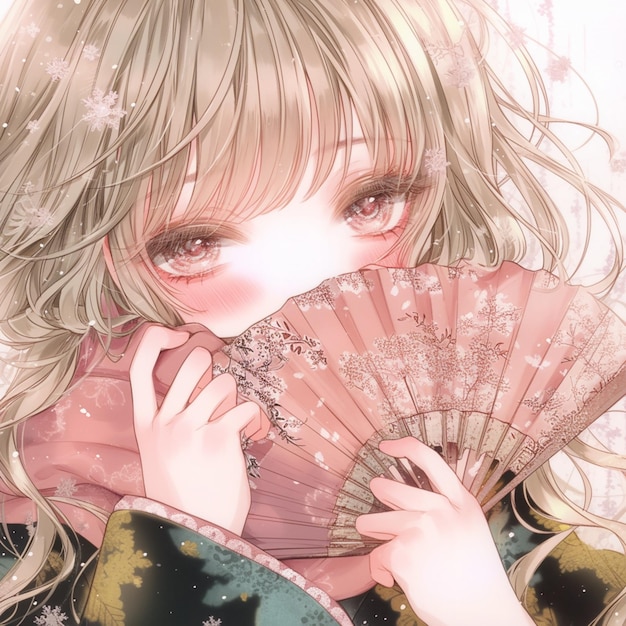 anime girl with long hair holding a fan and looking at the camera generative ai