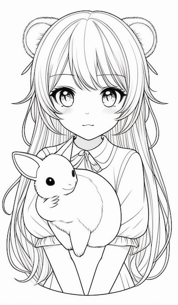 Photo anime girl with long hair holding a rabbit and a rabbit