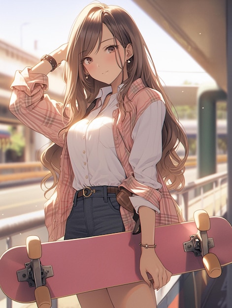 Anime girl with long hair holding a skateboard in a train station generative ai