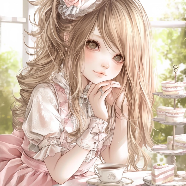 anime girl with long hair sitting at a table with a cup of coffee generative ai