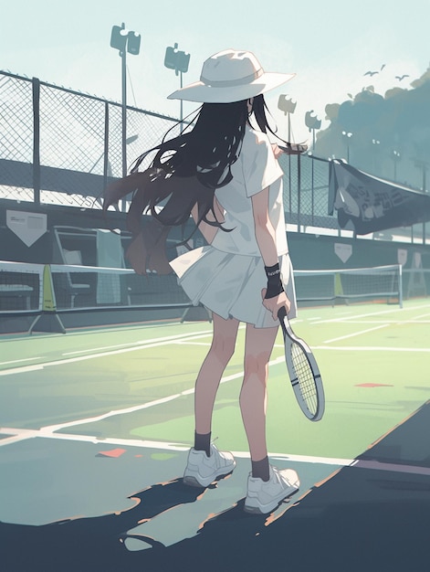 Anime girl with long hair standing on tennis court holding a tennis racket generative ai