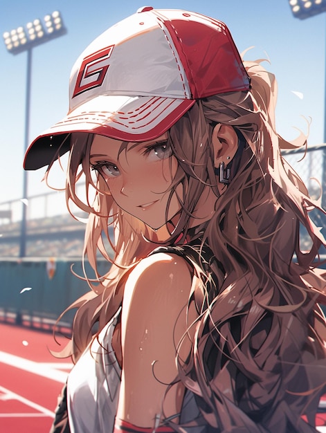 Anime girl with long hair wearing a baseball cap and a baseball uniform generative ai