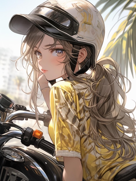 Anime girl with long hair wearing a helmet sitting on a motorcycle generative ai