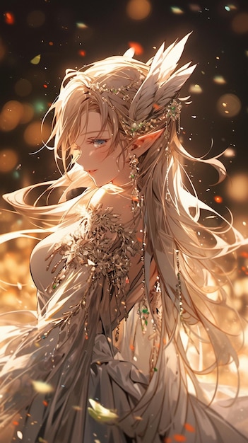 Anime girl with long hair and a white dress in a field of flowers generative ai