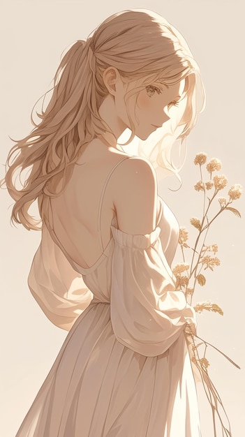 anime girl with long hair and white dress holding flowers generative ai