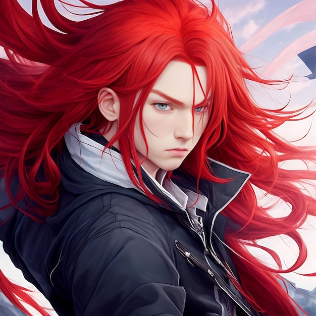 An anime girl with long and red hair and a determined look