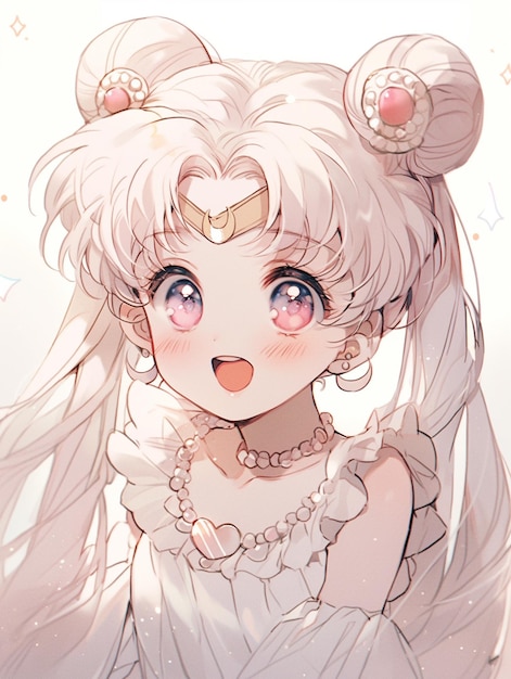 anime girl with long white hair and pink eyes wearing a white dress generative ai