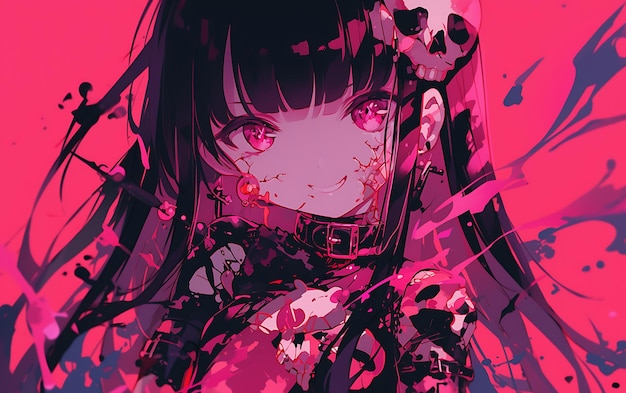 a anime girl with a pink background and a black and red flower in her hair