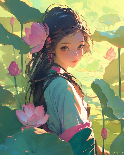 anime girl with pink flowers in her hair standing in a field generative ai