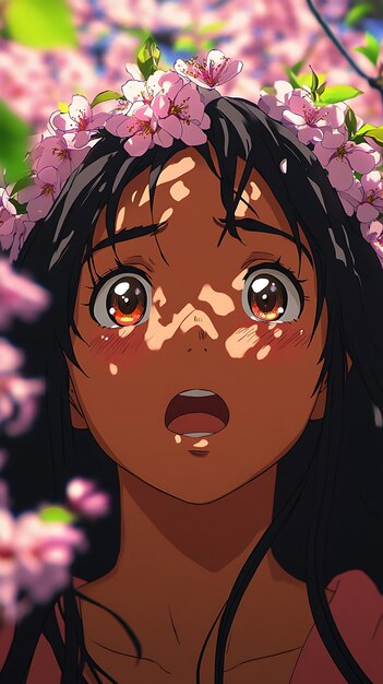 Anime girl with pink flowers in her hair surprised and looking up