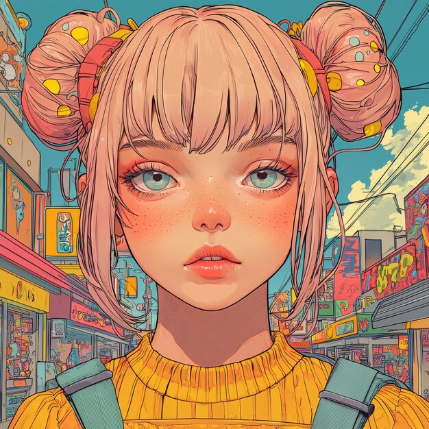 Photo anime girl with pink hair and blue eyes in urban setting