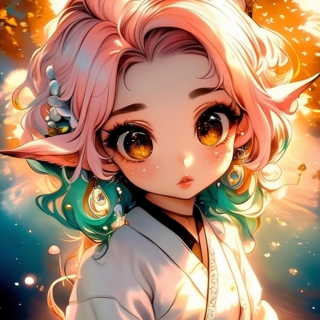 anime girl with pink hair and green eyes and a white shirt generative ai