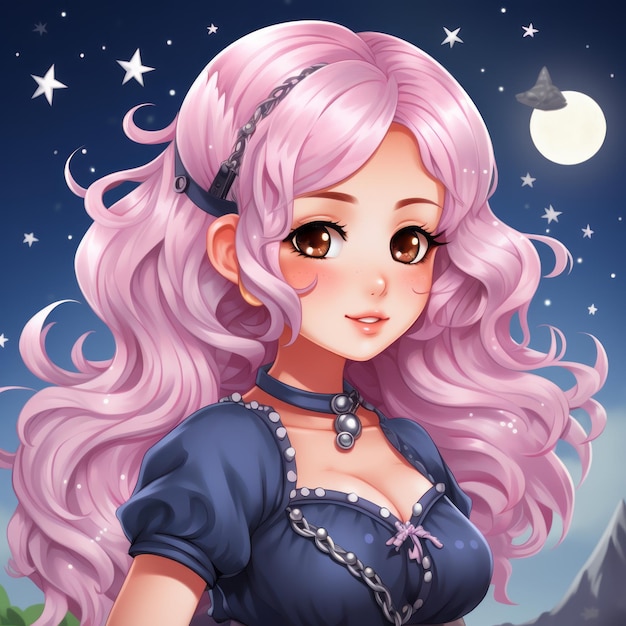 anime girl with pink hair standing in front of the moon