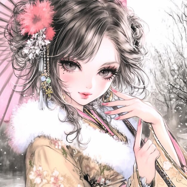 anime girl with pink umbrella in winter scene with snow generative ai