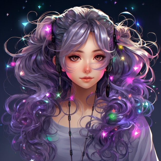 anime girl with purple hair and earrings