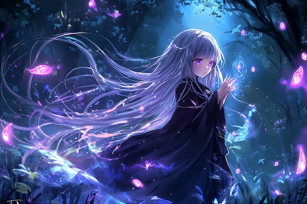 Photo anime girl with purple hair and eyes in a forest with magical lights