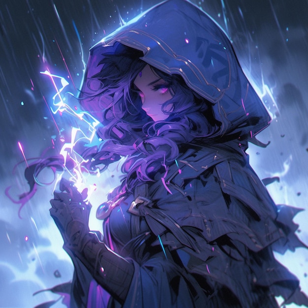 anime girl with purple hair and hood holding a purple light generative ai