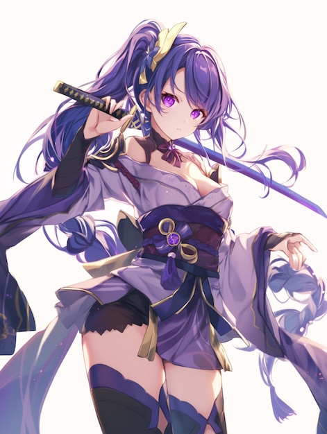 anime girl with purple hair and purple dress holding a sword generative ai