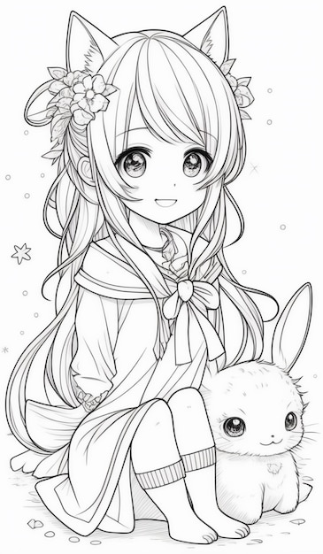 Photo anime girl with a rabbit and bunny