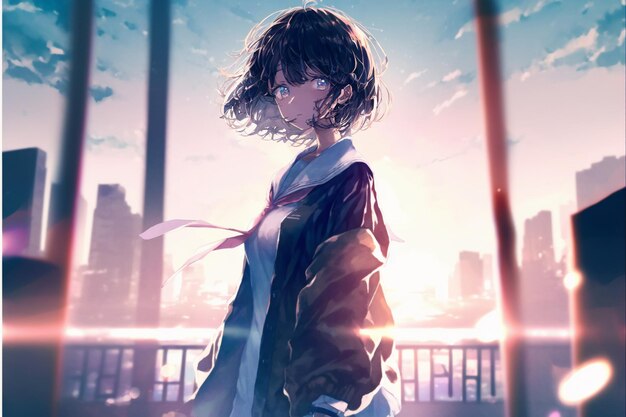 anime girl with short hair and a jacket standing in front of a city generative ai