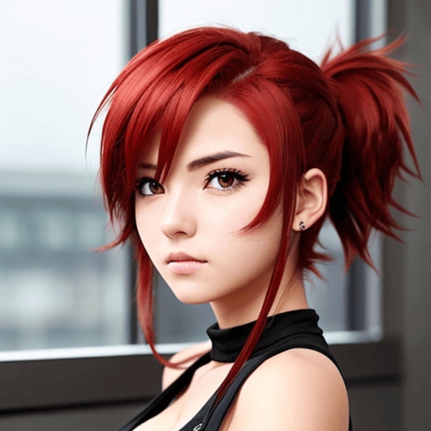 An anime girl with short spiky red hair and a determined expression