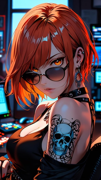 anime girl with a skull tattoo on her right arm