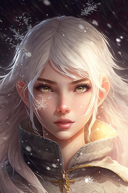 anime girl with snow-white hair, bangs falling on the eye, snowflakes flying around, creative ai