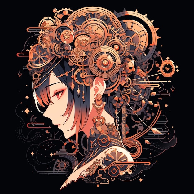 Anime girl with steam clockwork hair and a black background generative ai