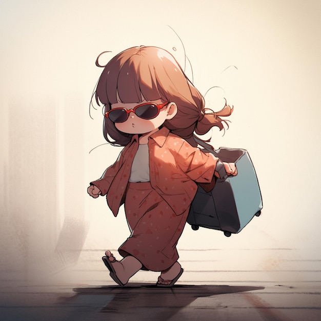 Anime girl with sunglasses and a suitcase walking down a street generative ai