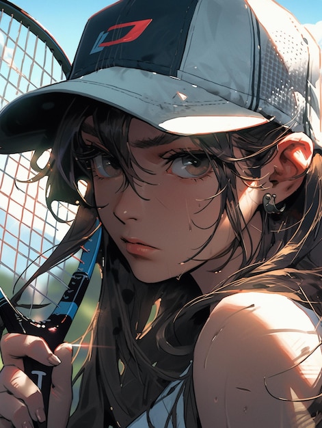 Anime girl with tennis racket and cap on her head generative ai