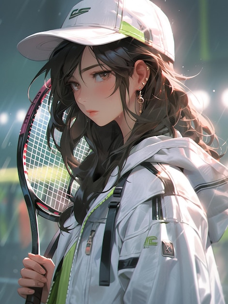 Anime girl with tennis racket in hand and hat on generative ai