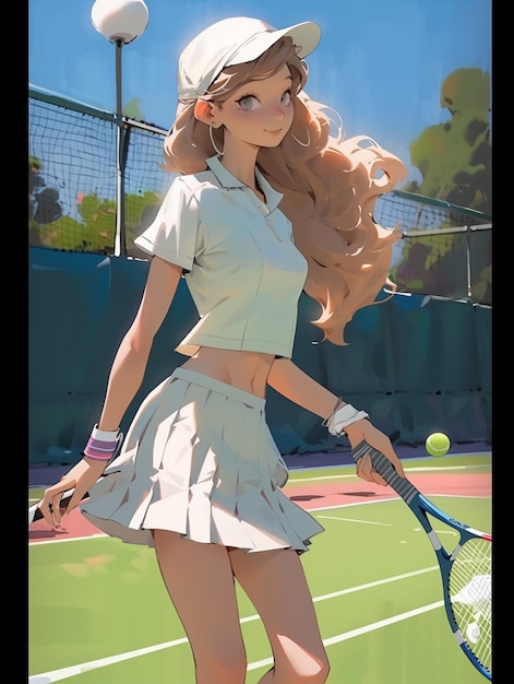 Anime girl with tennis racket and hat on a tennis court generative ai