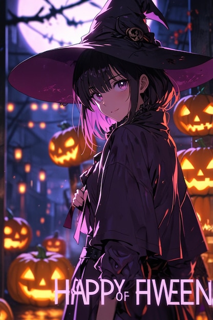 an anime girl with an umbrella and a pumpkin patch