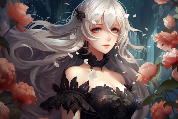 anime girl with white hair and a black dress with flowers on the bottom