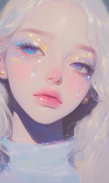 anime girl with white hair and glitter eyes and a blue turtle neck generative ai