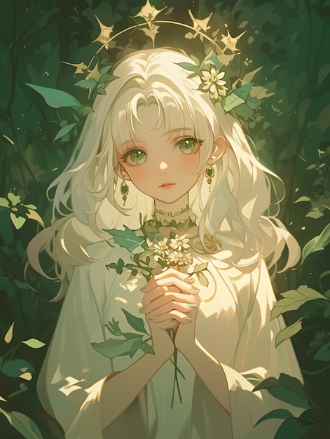 anime girl with white hair and green eyes holding a flower generative ai